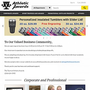Trophies, plaques, promotional products and a corporate gifts directory at Athletic Awards.