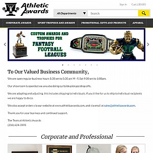 Trophies, plaques, promotional products and a corporate gifts directory at Athletic Awards.